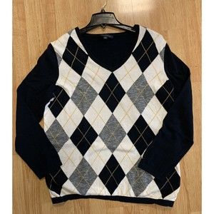 Tommy Hilfiger Pullover Sweater Mens XL V-Neck Argyle Pattern Navy Blue & White